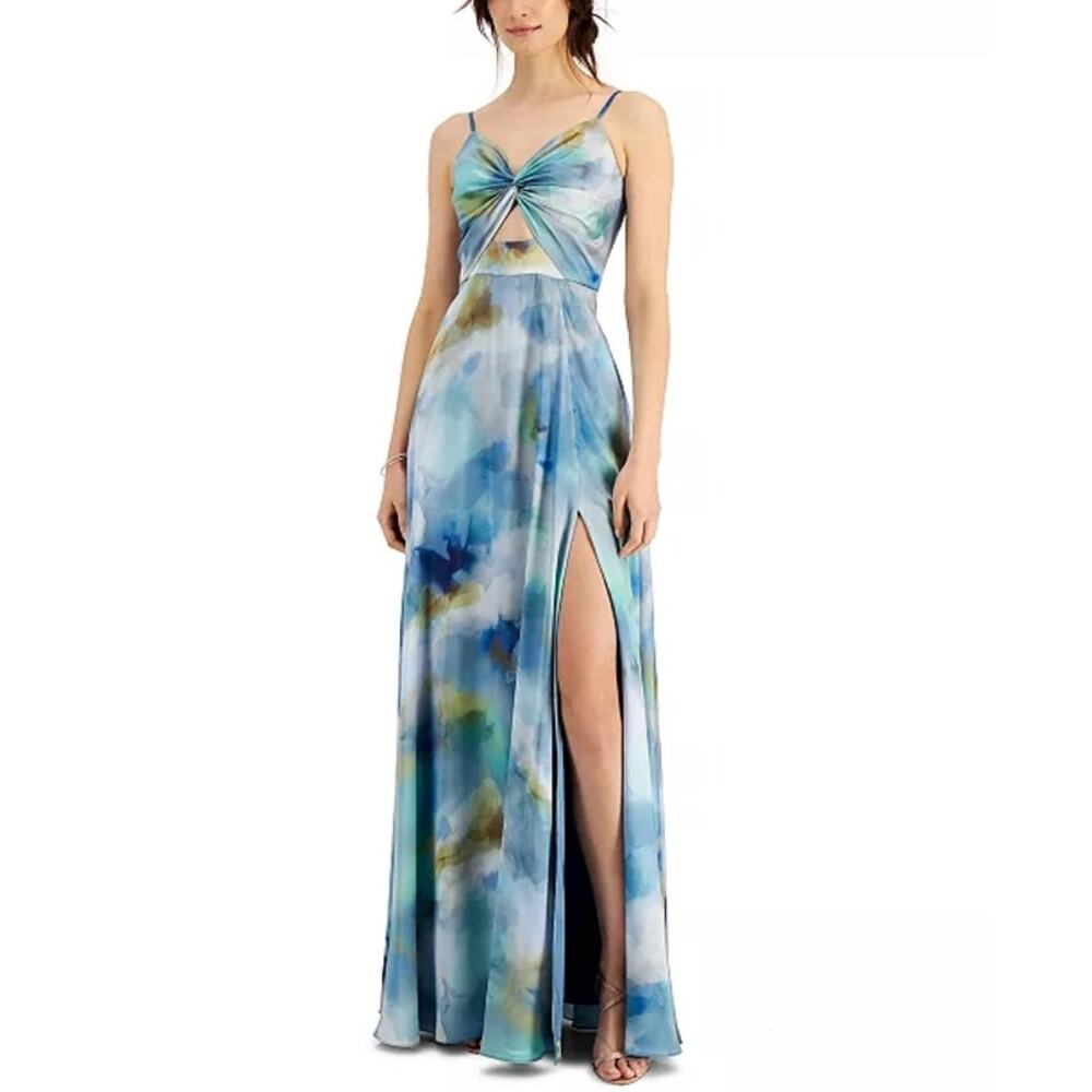 Aidan Mattox - Women's Blue Watercolor Twist Front Cutout Maxi Gown - Sz 2 - EUC